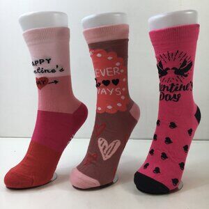 Womens Crew Socks Set 3 Valentines Day Hearts Colorblock Pink Red Black Brown